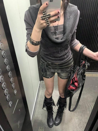 Cest Nous Punk Graffiti Print Cross Rhinestone Ripped Women&