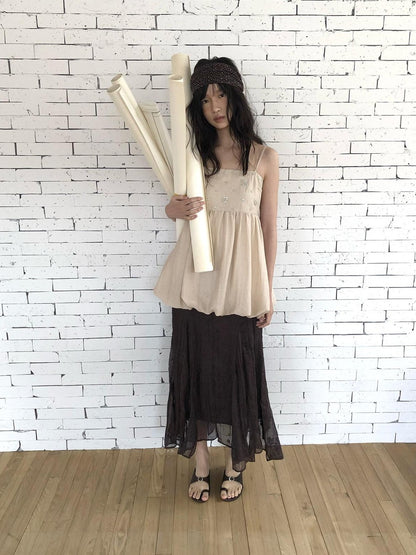 Dorydory Apricot Beige Beaded Square Neck Tulip Hem Women&