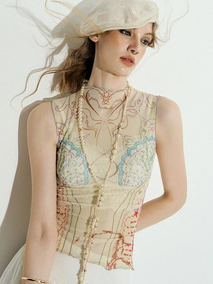OfAkiva Sea Mural Ocean Shell Print High Neck Cropped Women&