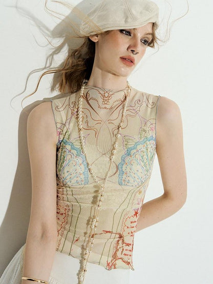 OfAkiva Sea Mural Ocean Shell Print High Neck Cropped Women&