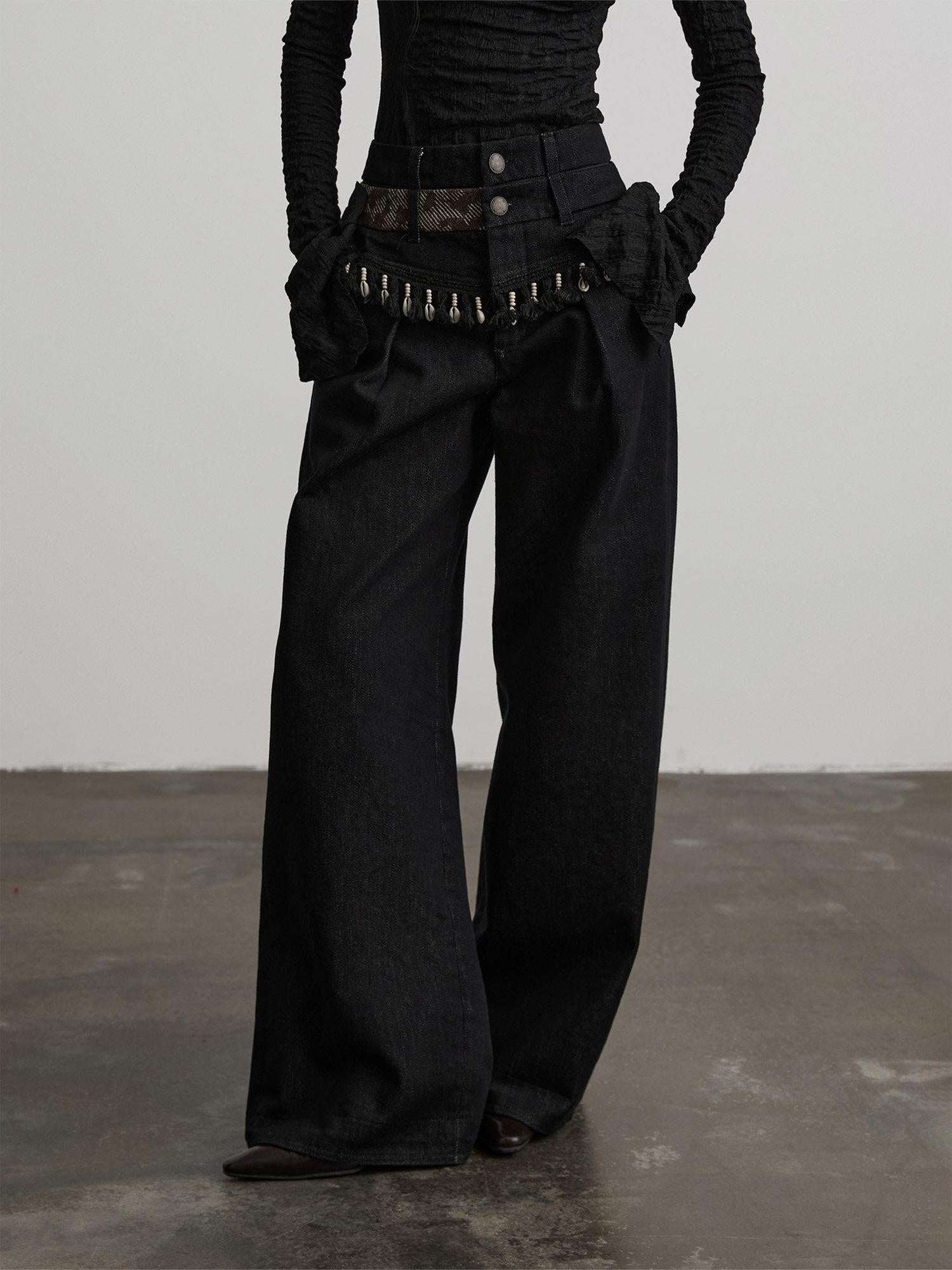 INDULGE Durable Washed Natural Waist Pockets Women Black Cotton Wide-Leg Jeans
