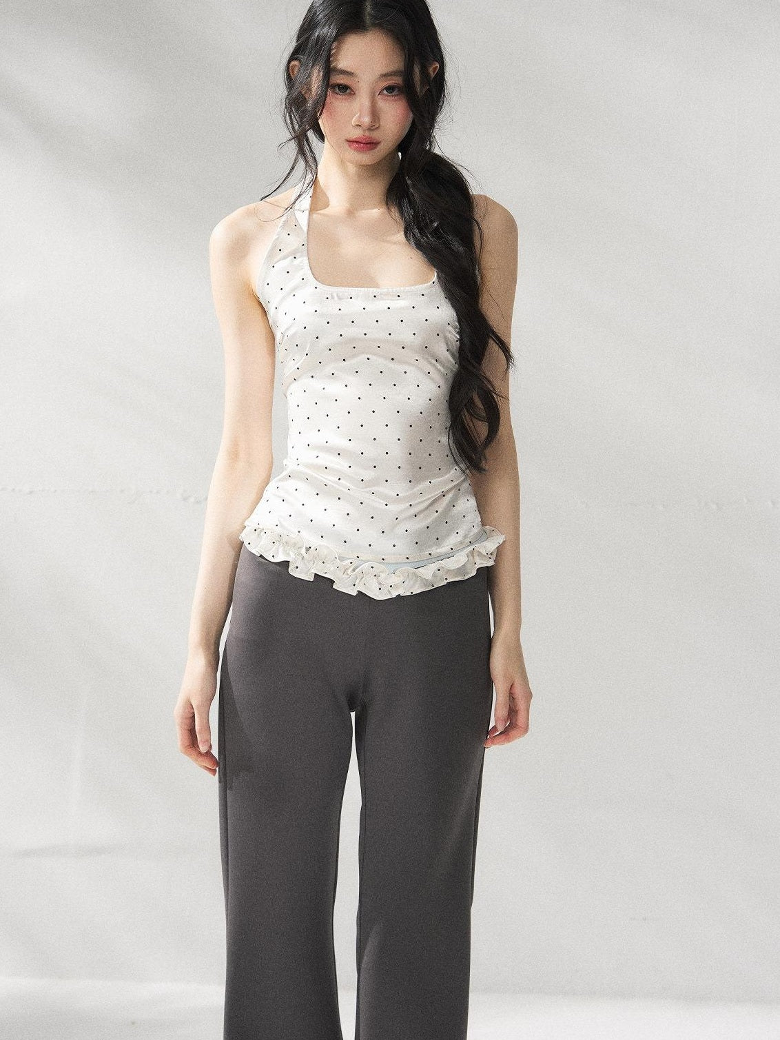 7Shiftin Polka Dot Two Piece Slim Short Sleeve Shirt Women High Waist Basic Crop Tops