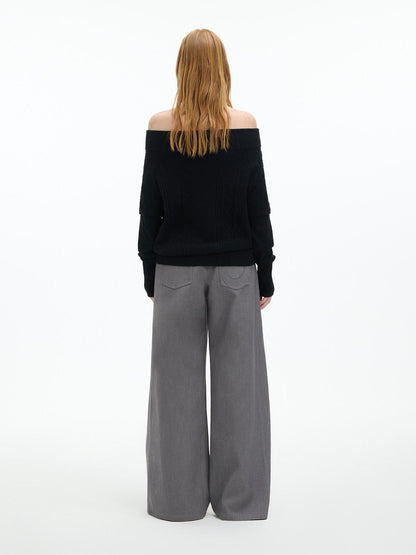 RUN TO THE FUTURE Low Rise Jacquard Minimal Casual Women Light Heather Gray Wide-Leg Pants