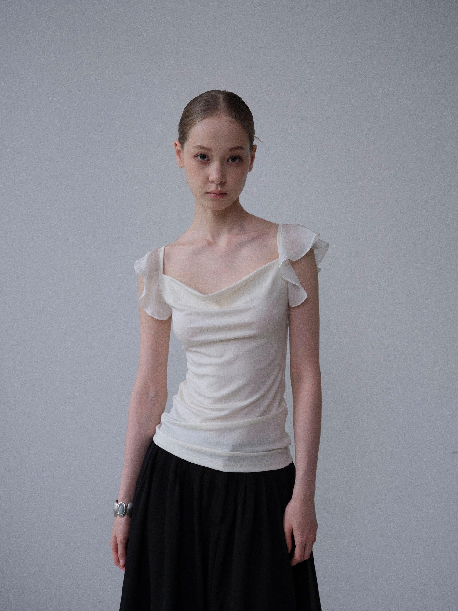 DKZ OFFICIAL Apricot Cowl Neck Slim Fit Mini Flutter Sleeve Women&