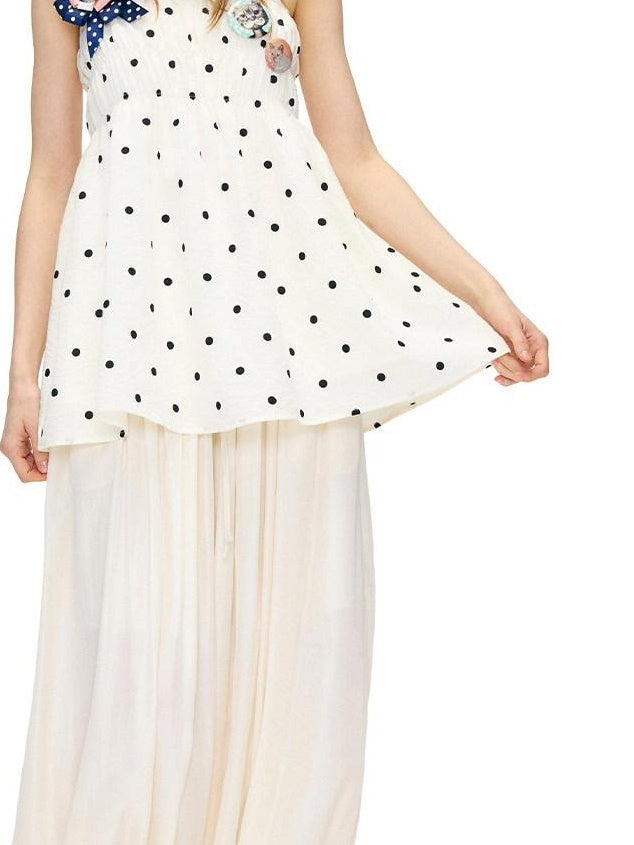 OuttheBlue Soft Cotton Loose Fit Polka Dot Spaghetti Strap Beige Slip Mini Dresses