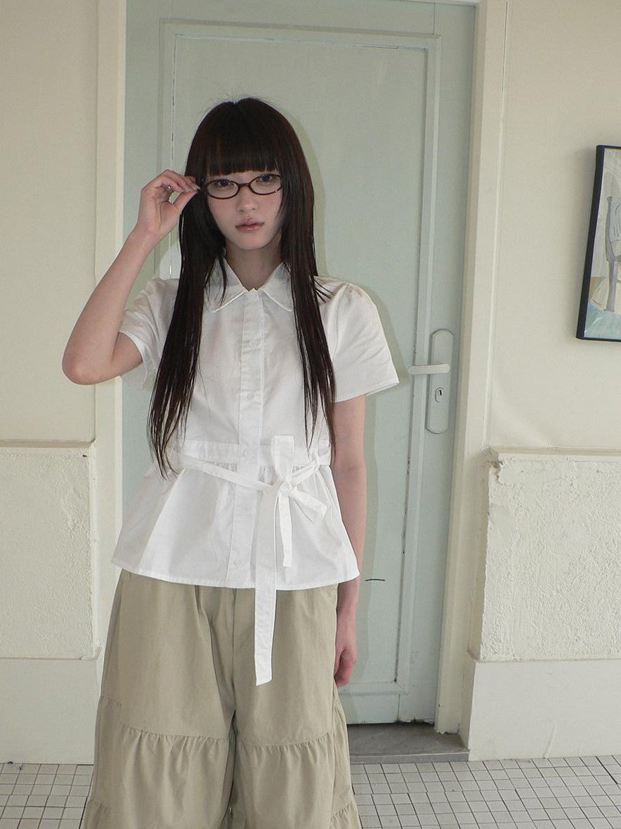 ang project Korean Turn Down Collar Single Button Tie Waist Women&