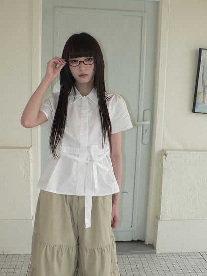 ang project Korean Turn Down Collar Single Button Tie Waist Women&