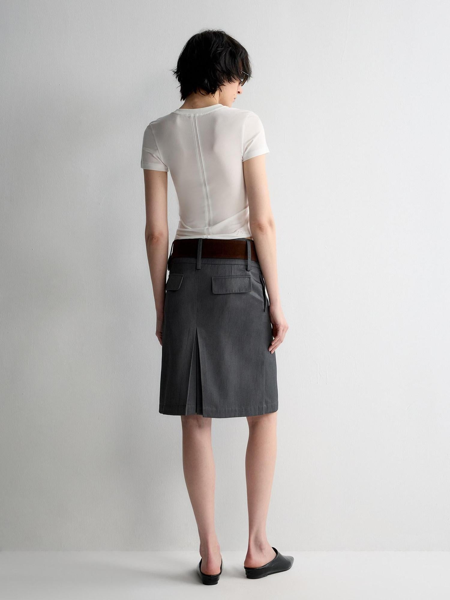 RUN TO THE FUTURE Lined Wool Blend Low Waist Pockets Vintage Office H Silhouette Midi Skirts