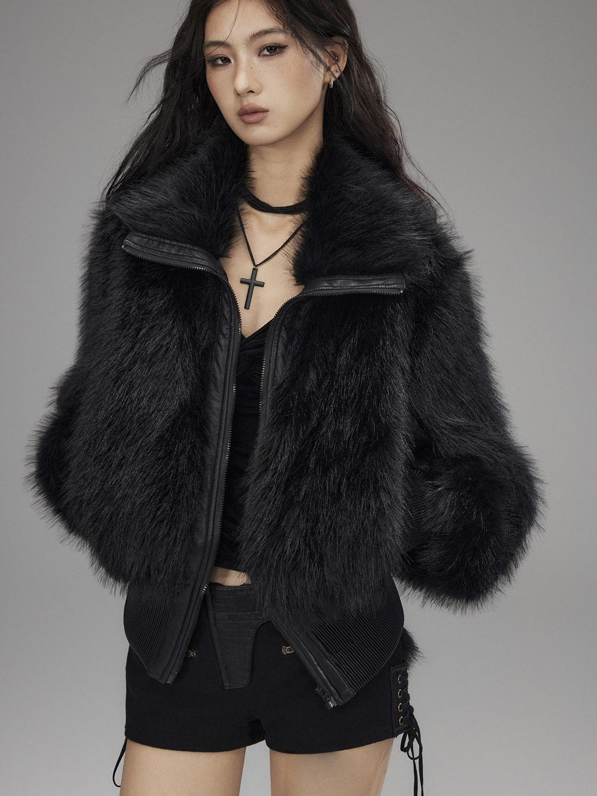 Low pixel Warm Thick Black Sexy Slim Fit Spandex Zipper Lapel Women Cropped Jackets
