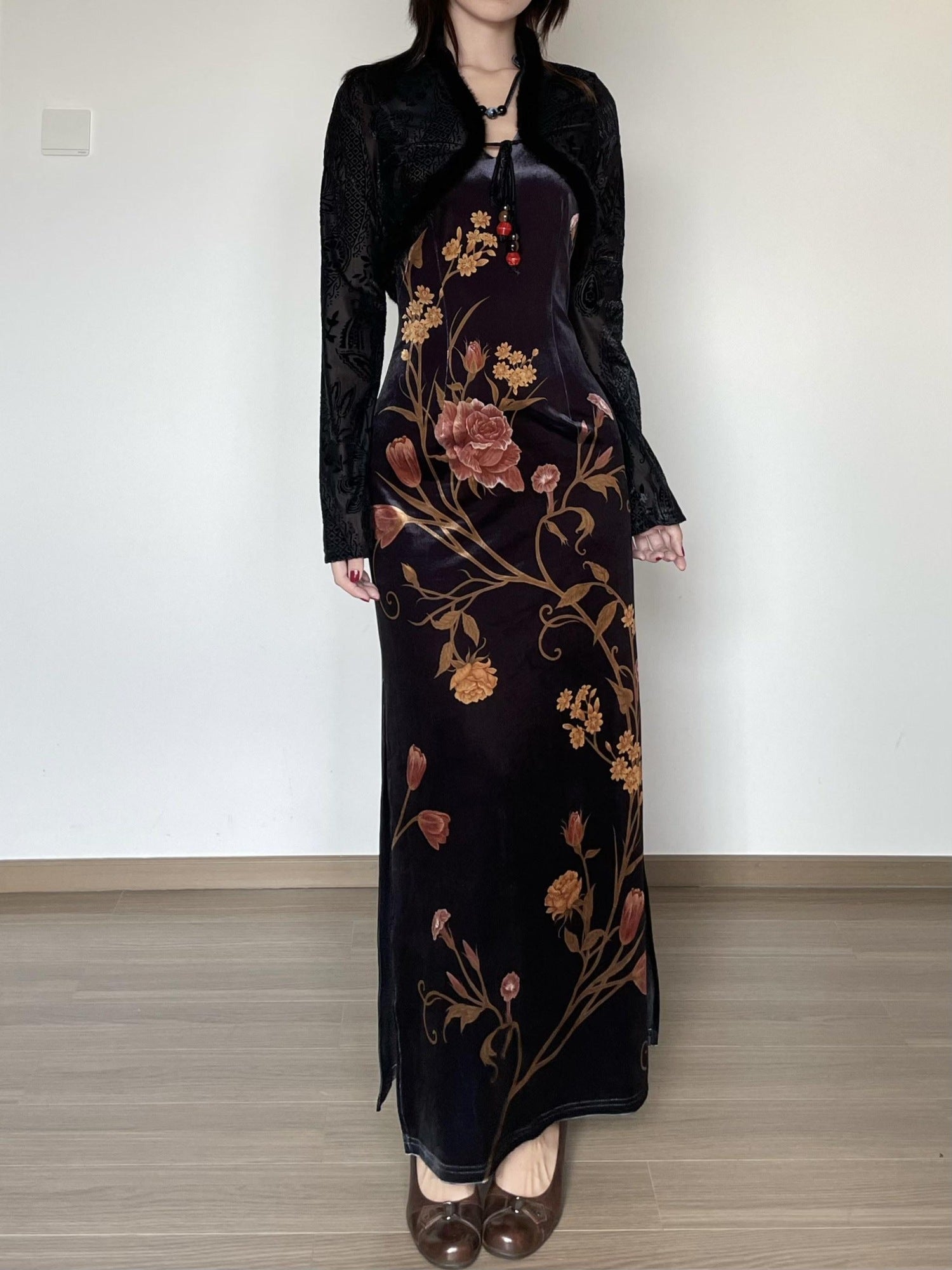 Wet Tail Breathable Floral Cheongsam Vintage Long Sleeve Everyday Casual Maxi Dresses