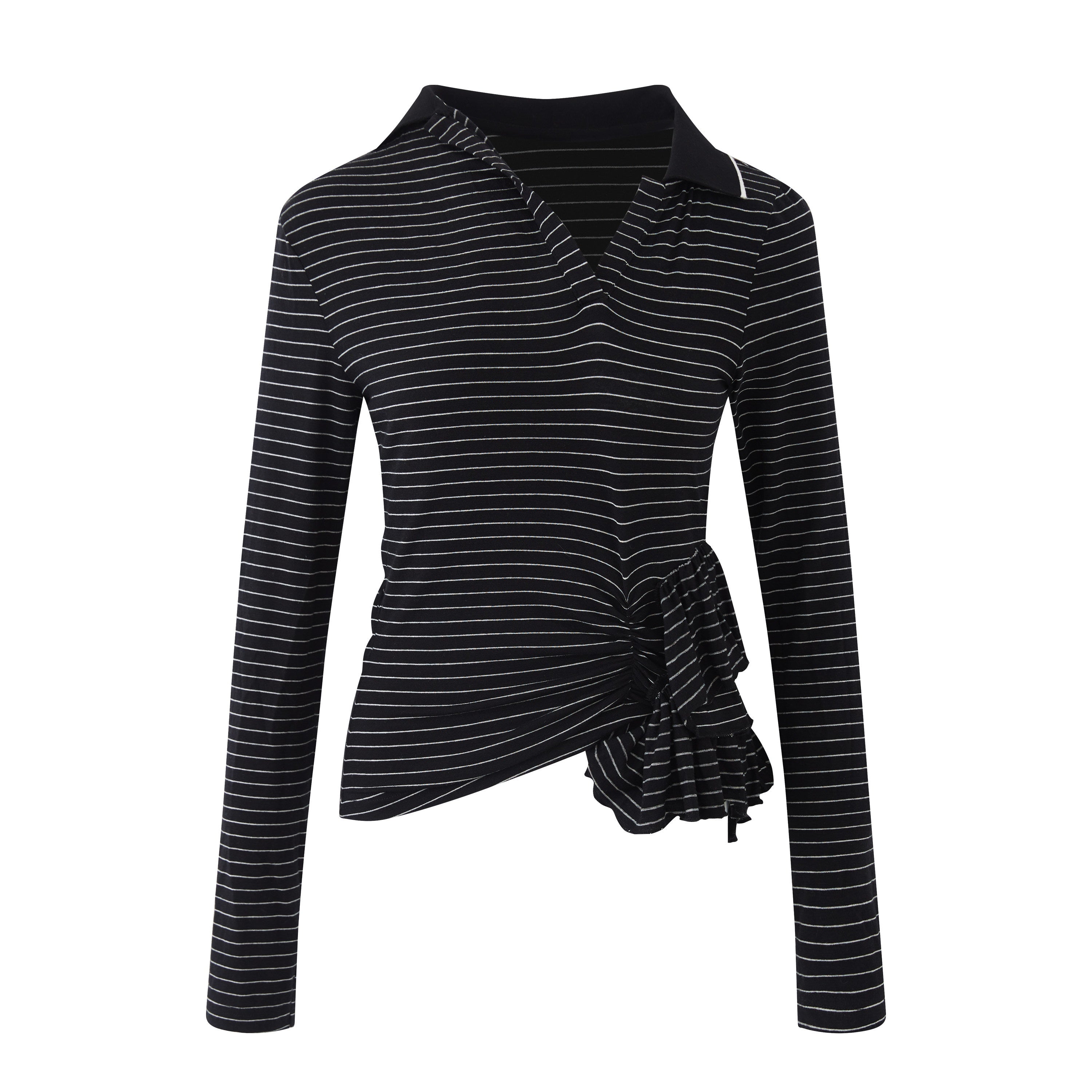 RUN TO THE FUTURE Slim Fit Ruffle Henley Black White Stripe Womens Wool Blend Long Sleeve T-Shirts