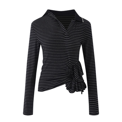 RUN TO THE FUTURE Slim Fit Ruffle Henley Black White Stripe Womens Wool Blend Long Sleeve T-Shirts