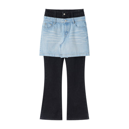 RUN TO THE FUTURE High Stretch Slim Fit Natural Waist Zipper Everyday Blue Black Denim Flare Jeans