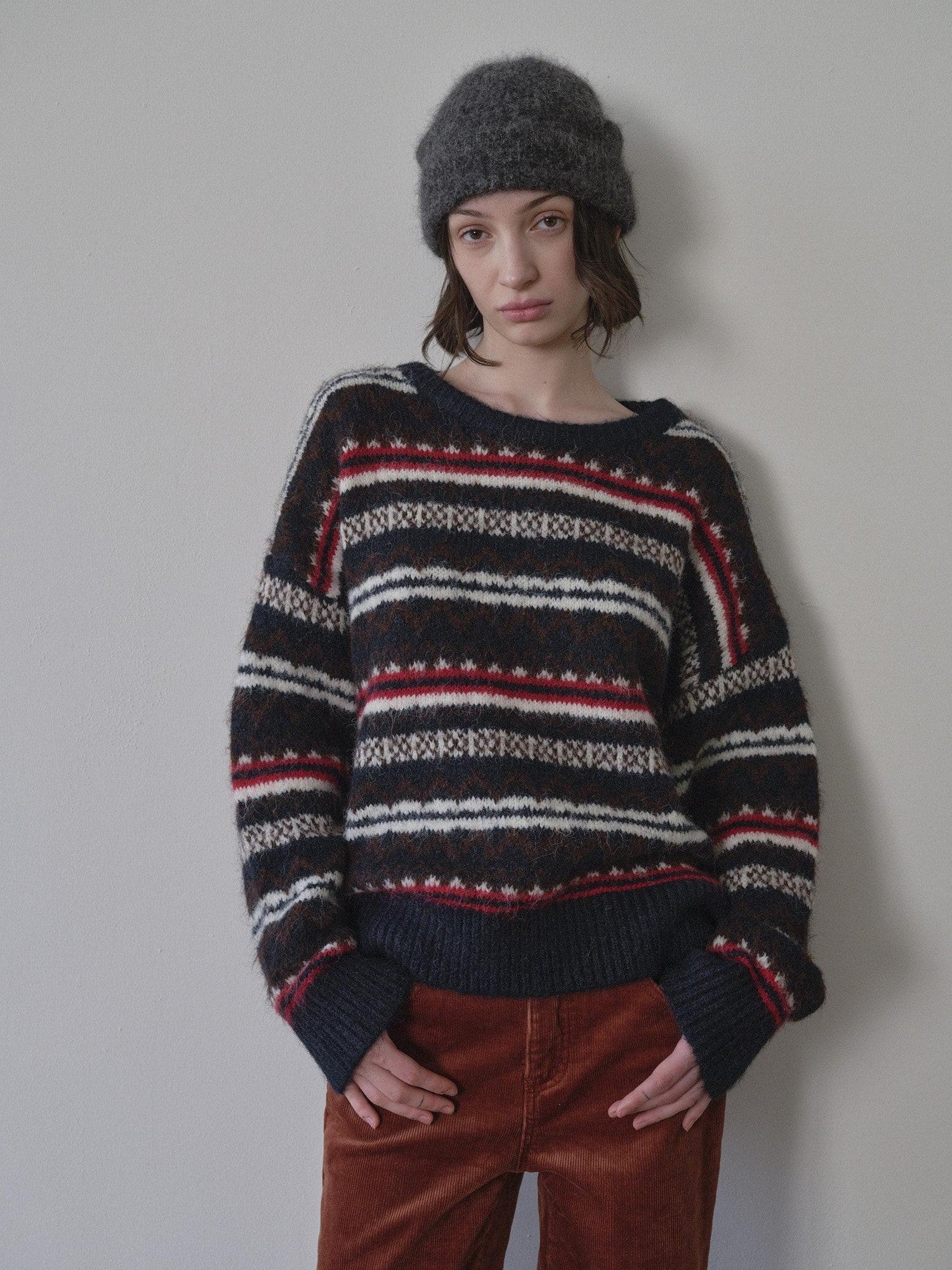 DKZ OFFICIAL Retro Striped Jacquard Two Piece Scarf Pullover Women&