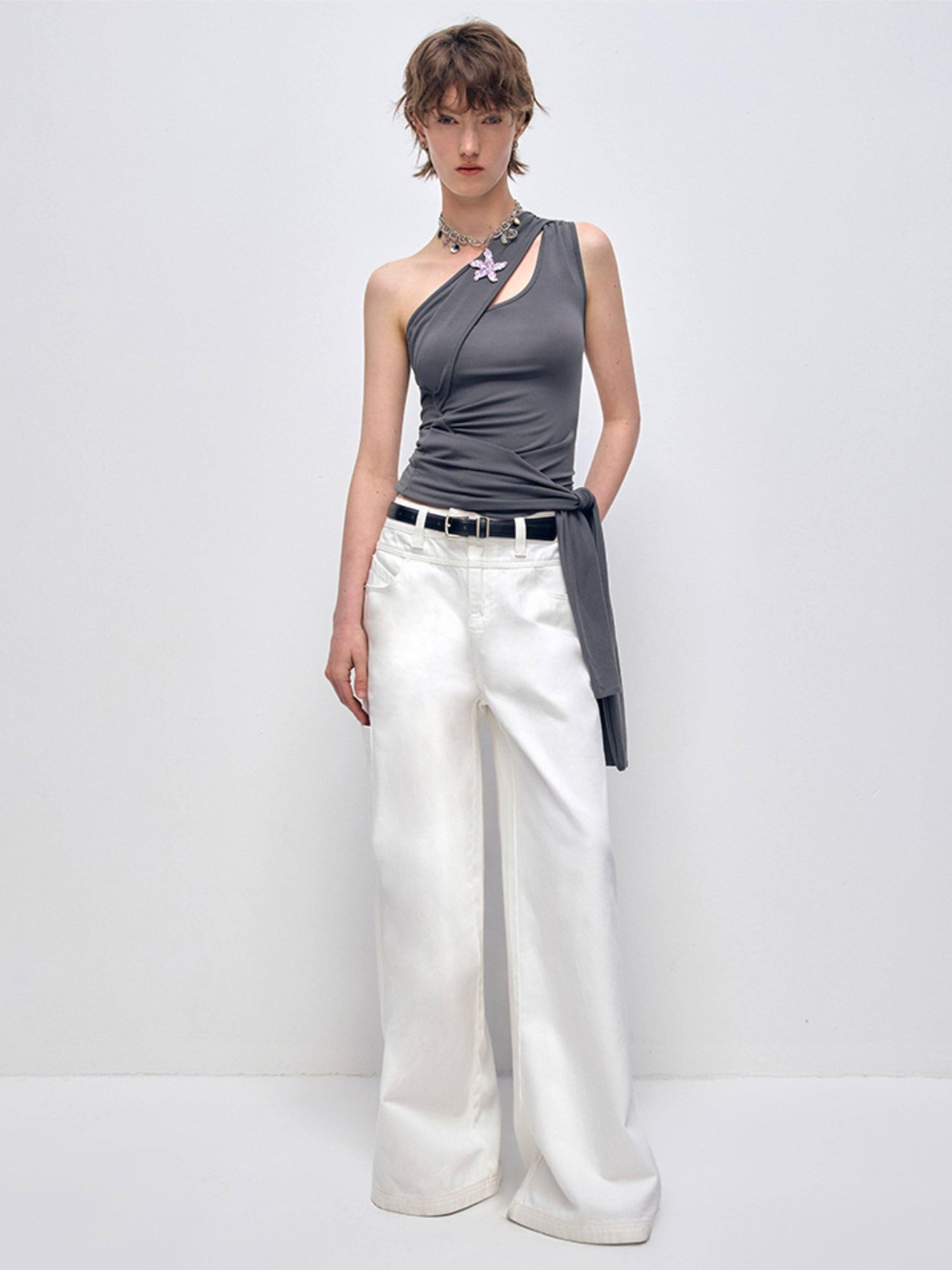 RUN TO THE FUTURE Low Rise 96 Percent Cotton Casual Loose Fit White Denim Wide-Leg Jeans