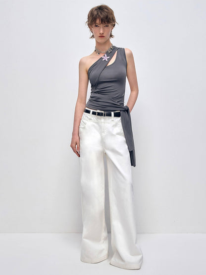 RUN TO THE FUTURE Low Rise 96 Percent Cotton Casual Loose Fit White Denim Wide-Leg Jeans
