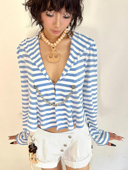 nit alcove Uv Asymmetric Slim Longsleeve Women Blue Striped Cross Print Basic Crop Tops