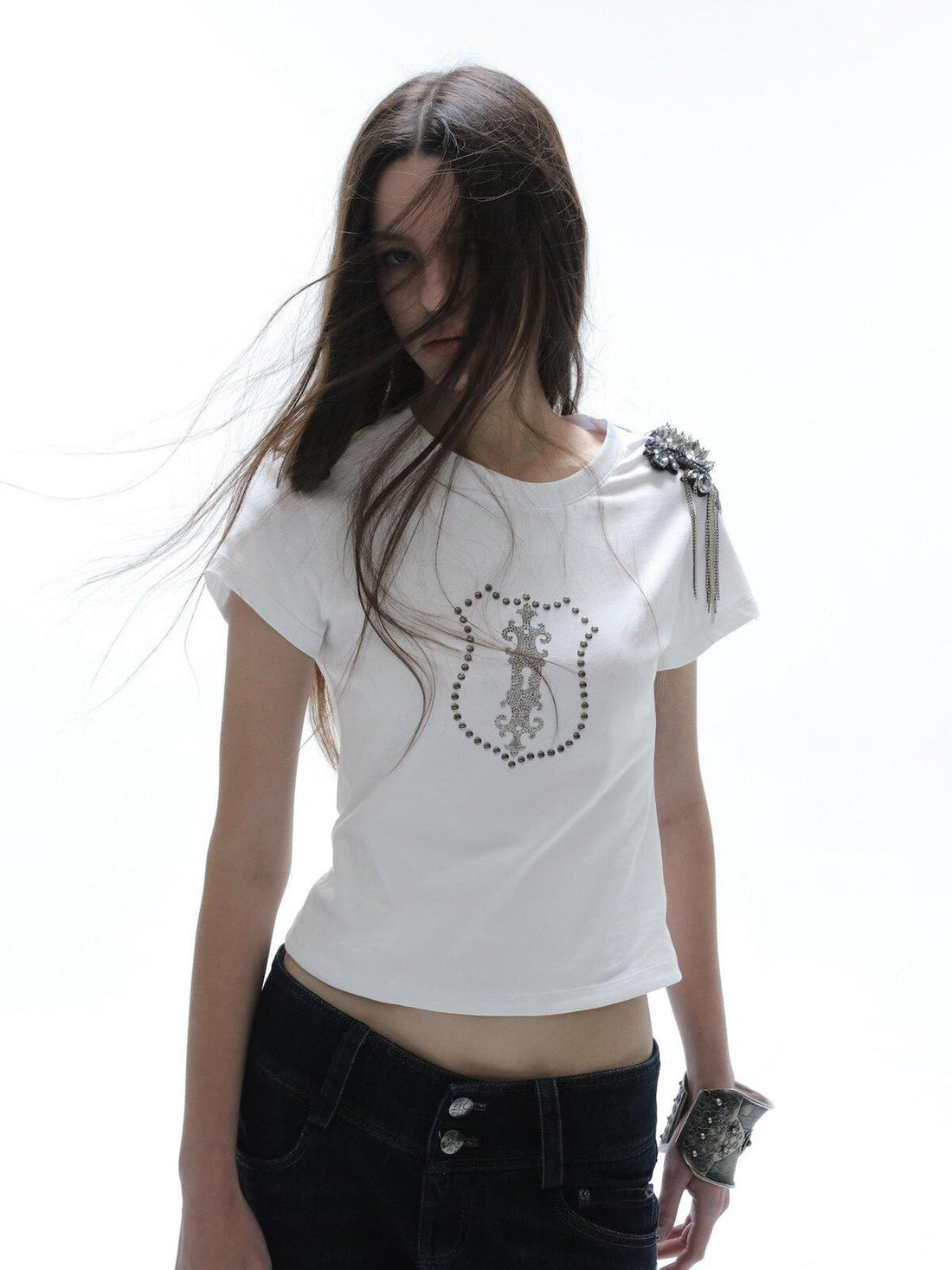 DoublePunch Cropped Hotfix Rhinestone Slim Fit Vintage Women&