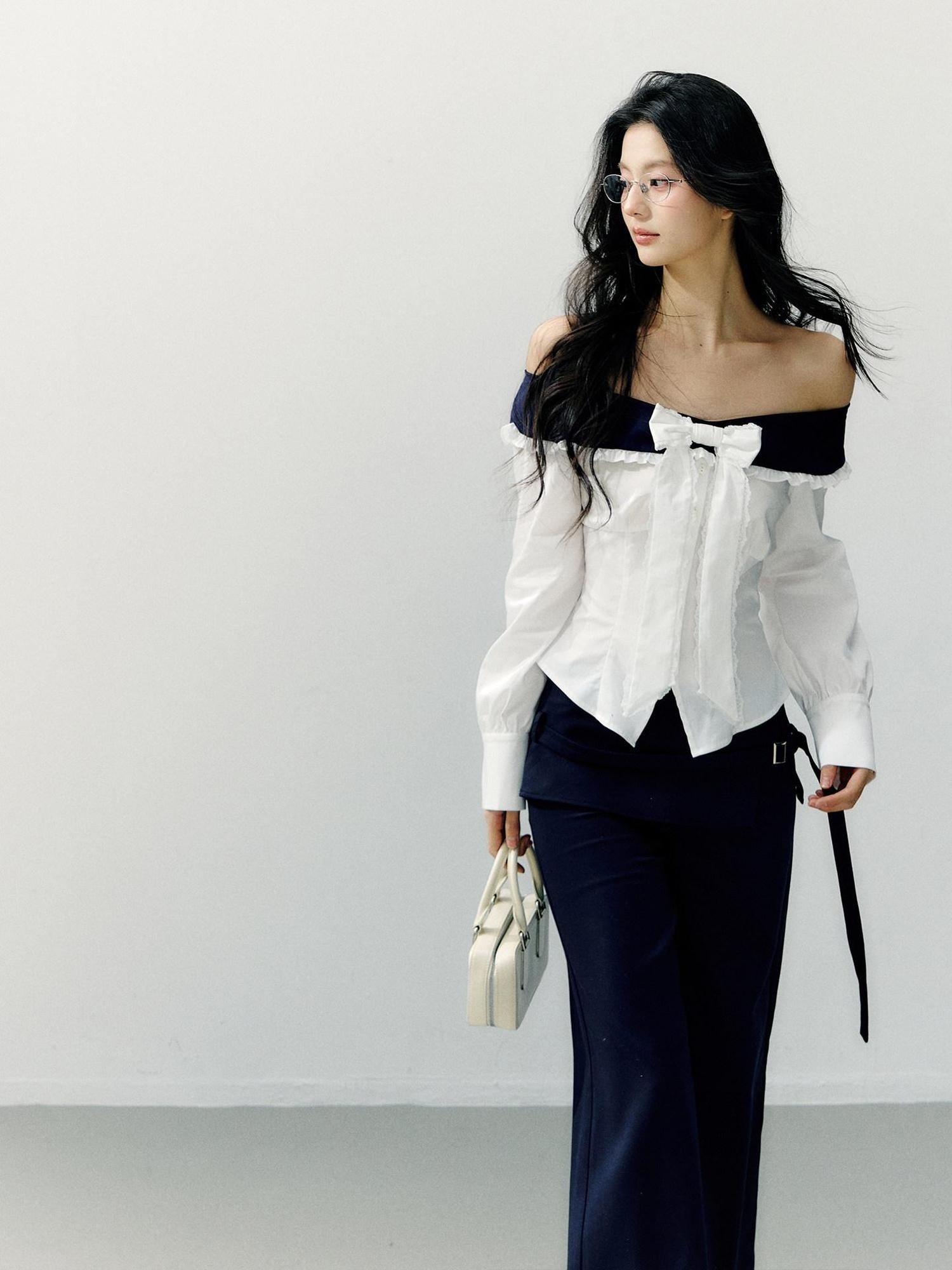 7Shiftin Slimming Off Shoulder Slim Fit Long Sleeve Cotton Bow White Blouses