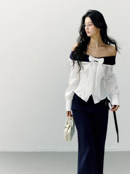 7Shiftin Slimming Off Shoulder Slim Fit Long Sleeve Cotton Bow White Blouses