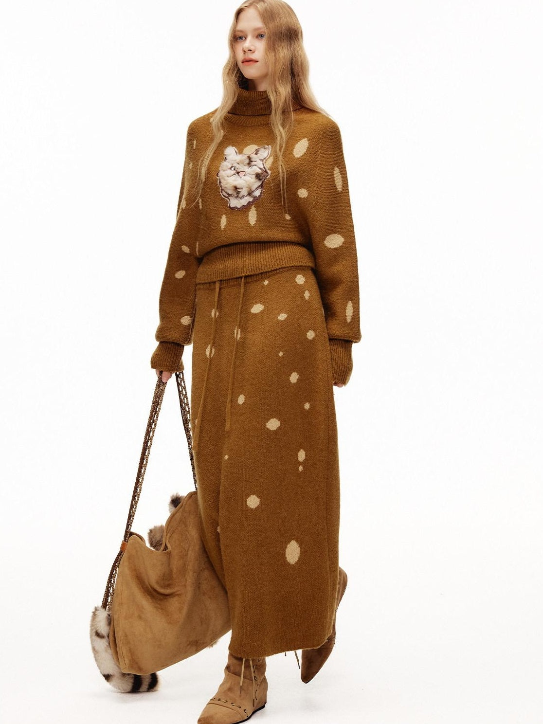 OuttheBlue Cozy Turtleneck Pullover Waist Cinched Casual Animal Print Knit Top &amp; Skirt Sets