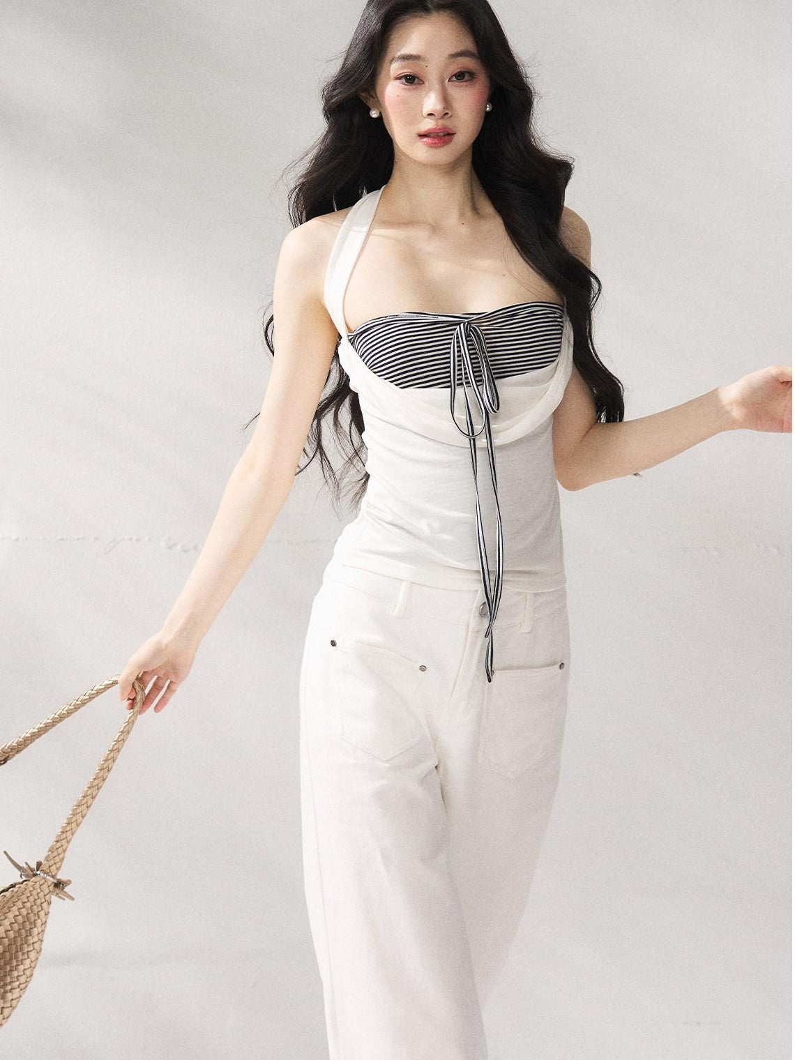 7Shiftin Striped Layered Two Piece Three Quarter Sleeve High Waist Long Sleeve Crop Tops