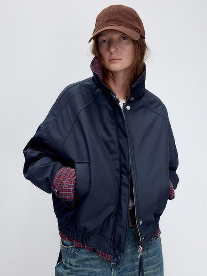 RUN TO THE FUTURE Retro Zipper Pocket Design Loose Fit Commuter Navy Solid Track Jackets