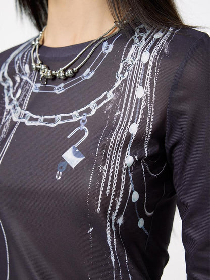 DKZ OFFICIAL Chain Print Mesh Slim Fit Round Neck Women&