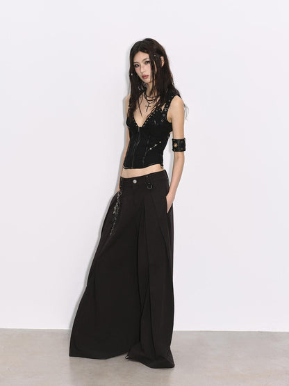 Low pixel Pleated Low Waist Relaxed Cotton Blend Black Women Wide Leg Pants