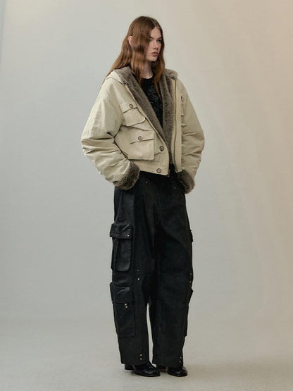 AnnoMundi Eco Friendly Oversized Utility Sailor Collar Women Zipper Khaki Casual Jackets