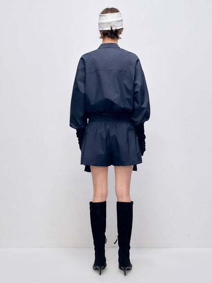RUN TO THE FUTURE Polyester Two Piece Zip Stand Collar Casual Women Navy Green Short Trousers