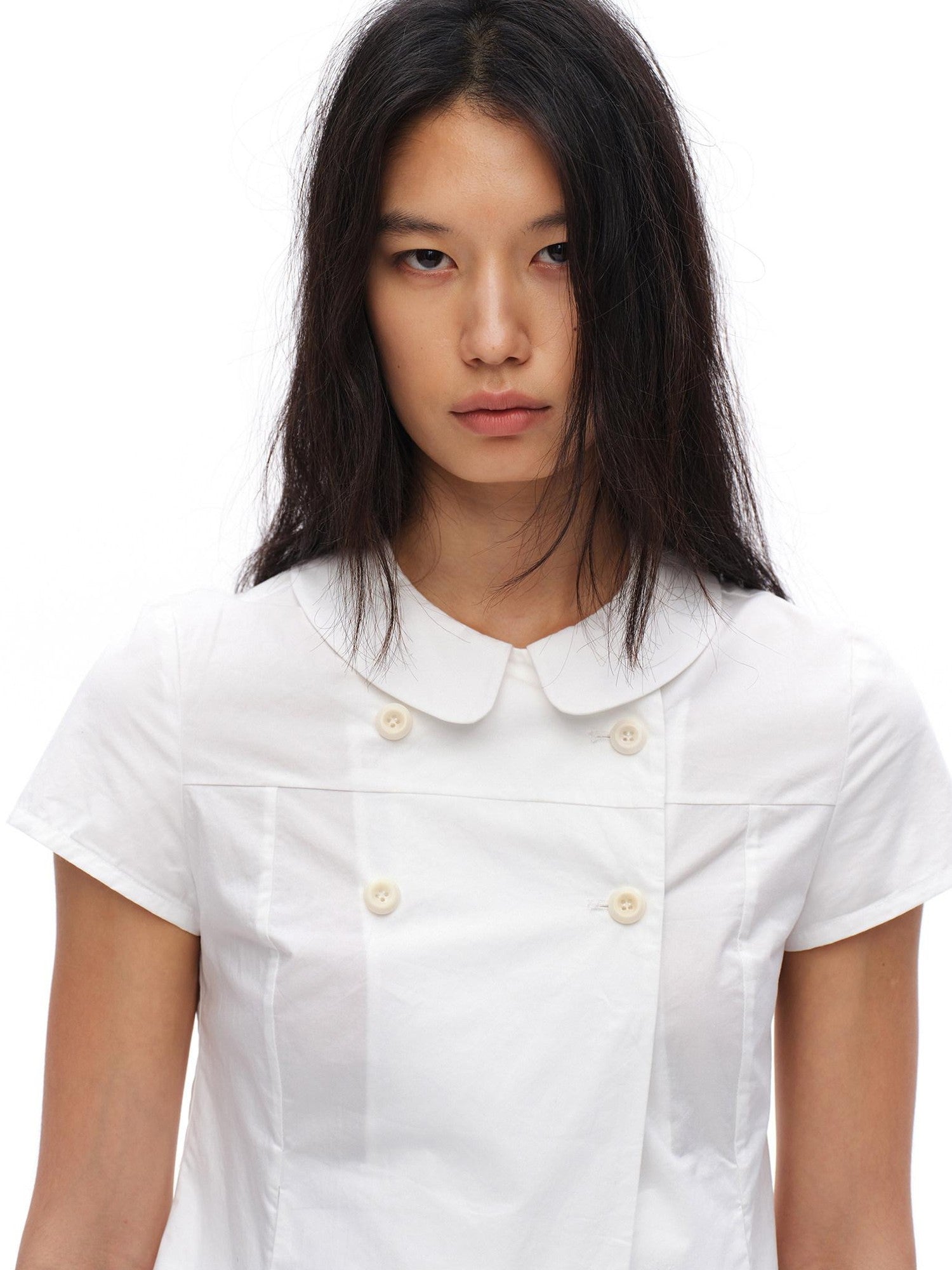 oinimi White Double Button Peter Pan Collar Slim Fit Short Sleeve Women&