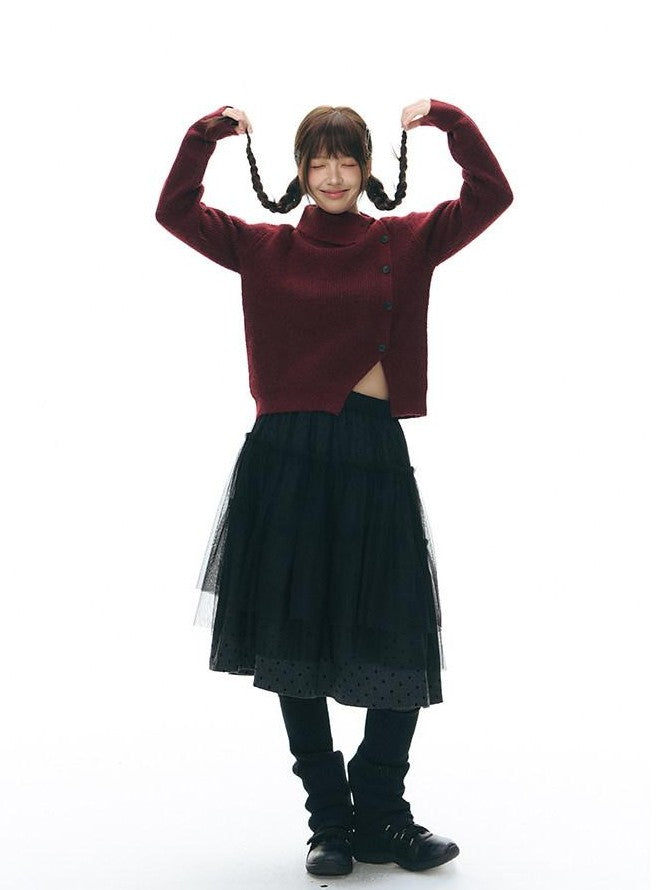 NAPSNAPS Rust Red Asymmetrical Placket Knit Mock Neck Women&