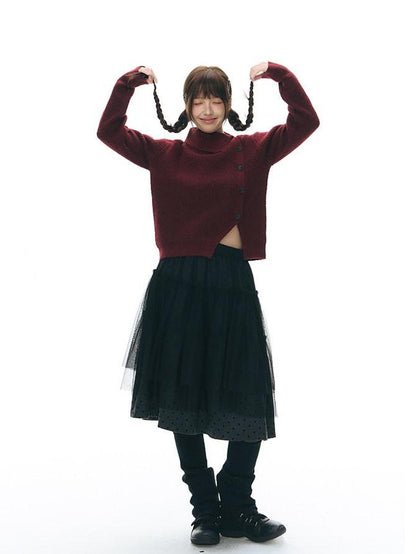 NAPSNAPS Rust Red Asymmetrical Placket Knit Mock Neck Women&