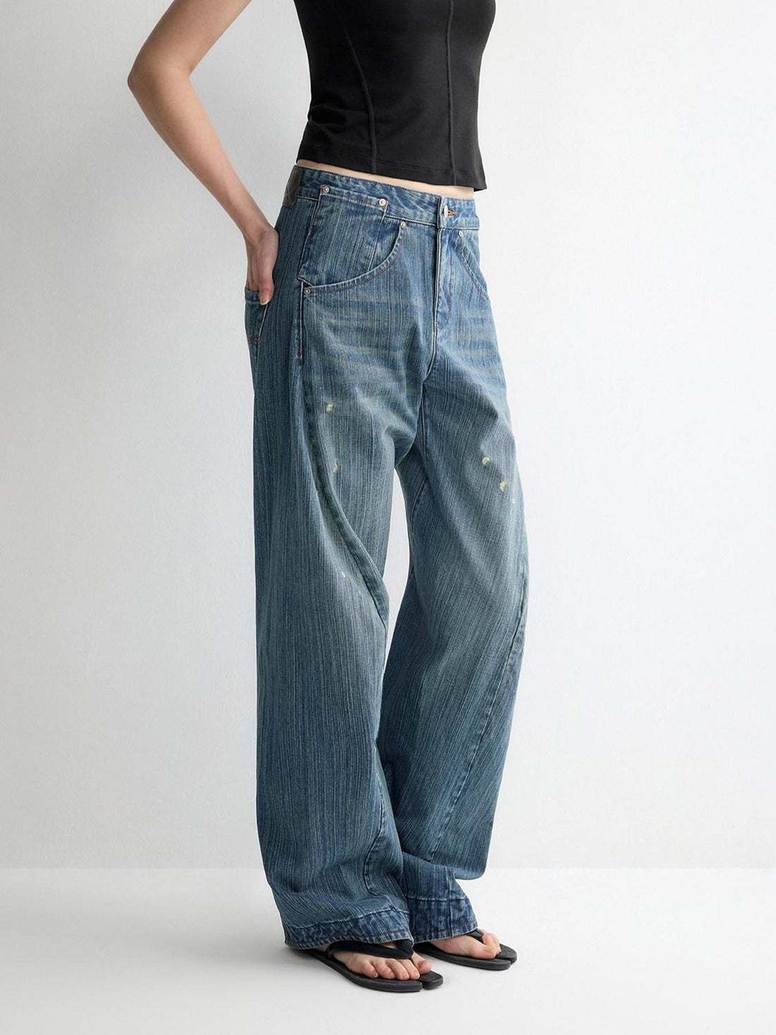 RUN TO THE FUTURE Ripped Washed Durable Low Rise Relaxed Fit Vintage Blue Wide-Leg Jeans