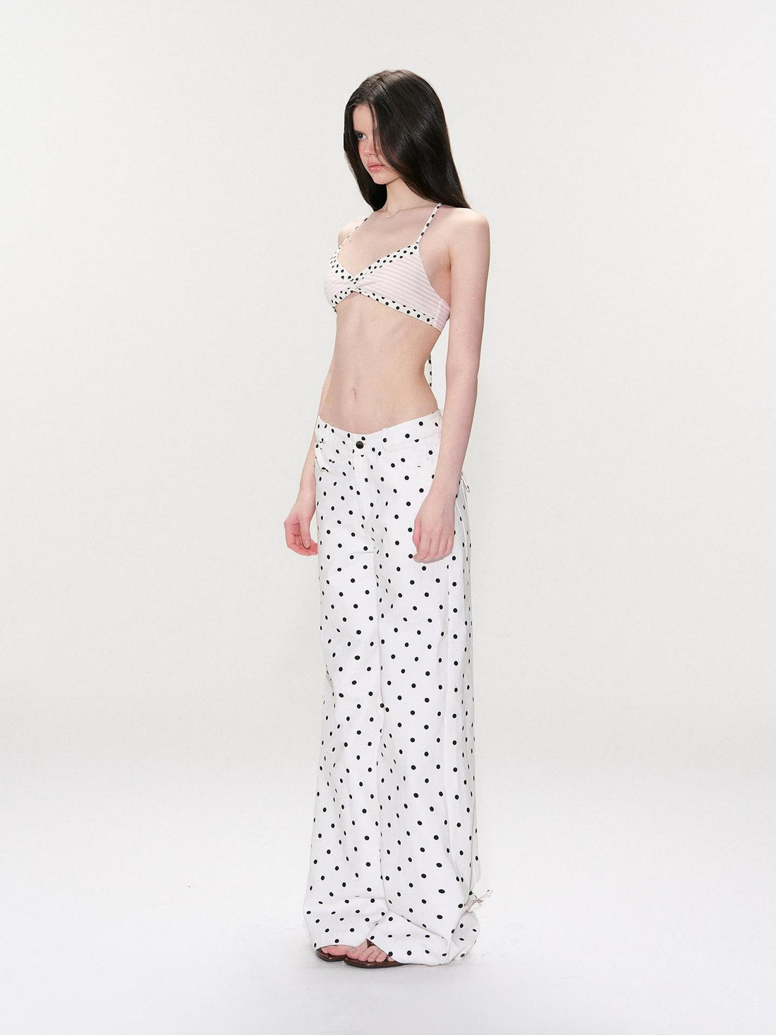 The NeverMore White Polka Dot V Waist Loose Fit Button Fly Women Denim Straight Leg Jeans
