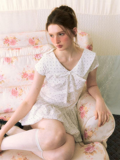 NAPSNAPS Polka Dot Sailor Collar Tie V-neck High Waist Tencel Women&