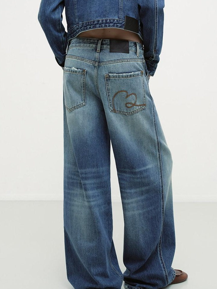 RUN TO THE FUTURE Durable Distressed Cotton Loose Fit Natural Waist Women Zip Fly Straight Jeans