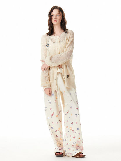 OuttheBlue Cute Cat Floral Print Sweet Natural Waist Long Polyester Women Straight Pants