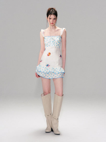 The NeverMore Linen Tie Waist Square Neck Aline Slim Ladies Printed Mini Dresses