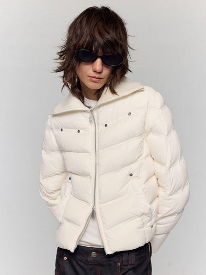RUN TO THE FUTURE 90% White Duck Down Warm Short Straight Retro Cream Nylon Zipper Down Jackets