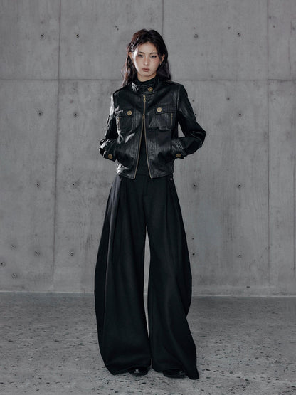 Low pixel Insulated Waist Cinch Workwear Multipocket Lapel Zip Black Women Leather Jackets