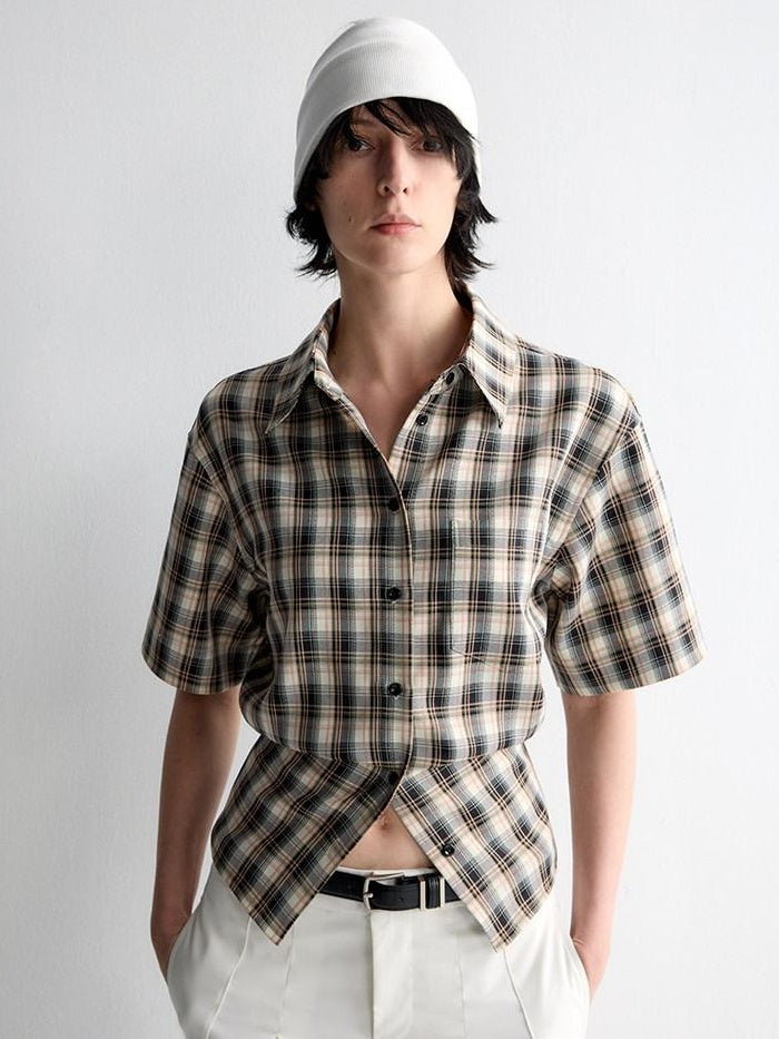 RUN TO THE FUTURE Skin Friendly Breathable Vintage Slim Tie Women Plaid Button Collar Shirts