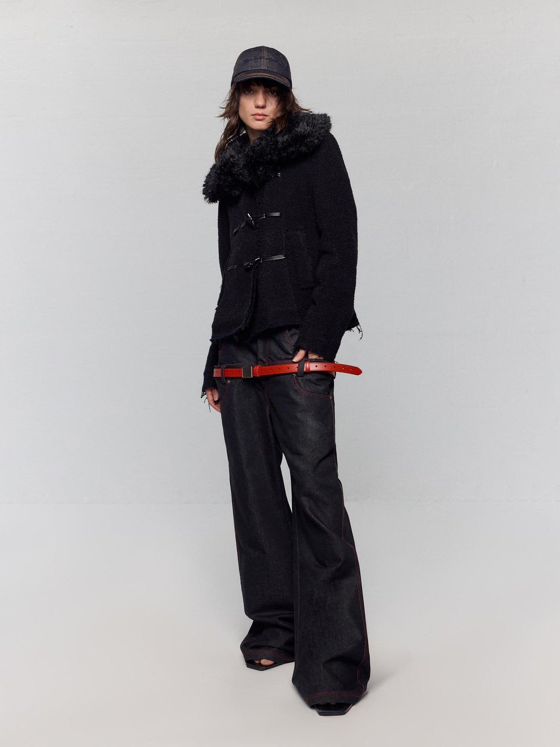 RUN TO THE FUTURE Low Rise Colorblock Loose Fit Zip Fly Black Denim Stretch Wide-Leg Jeans