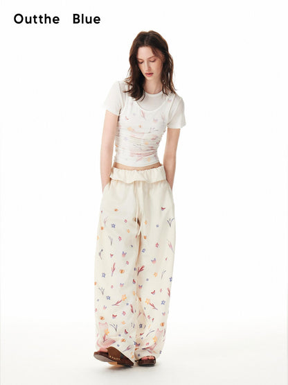 OuttheBlue Cute Cat Floral Print Sweet Natural Waist Long Polyester Women Straight Pants