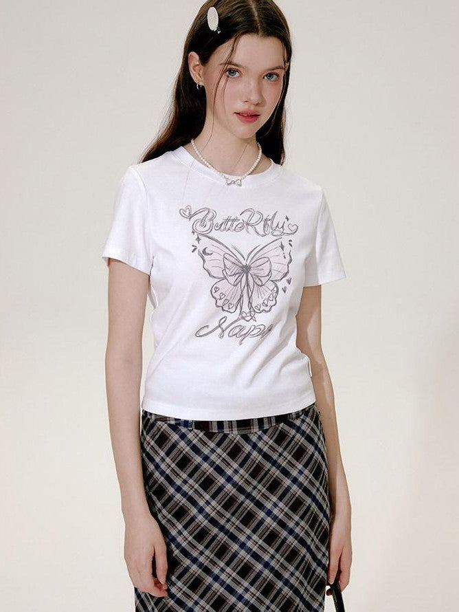 NAPSNAPS Hand Drawn Butterfly Print Slim Cropped Women&
