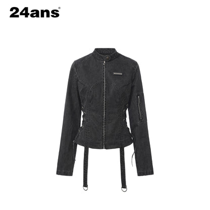 24ans Two Piece Long Sleeve Shorts Set For Women Black Gray Casual Denim Jackets