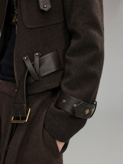 Low pixel Thick Wool Blend Slim Fit Sexy Lapel Zipper Brown Everyday Women Cropped Jackets