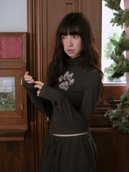 DKZ OFFICIAL Fuzzy High Neck Cat Paw Patchwork Slim Fit Women&