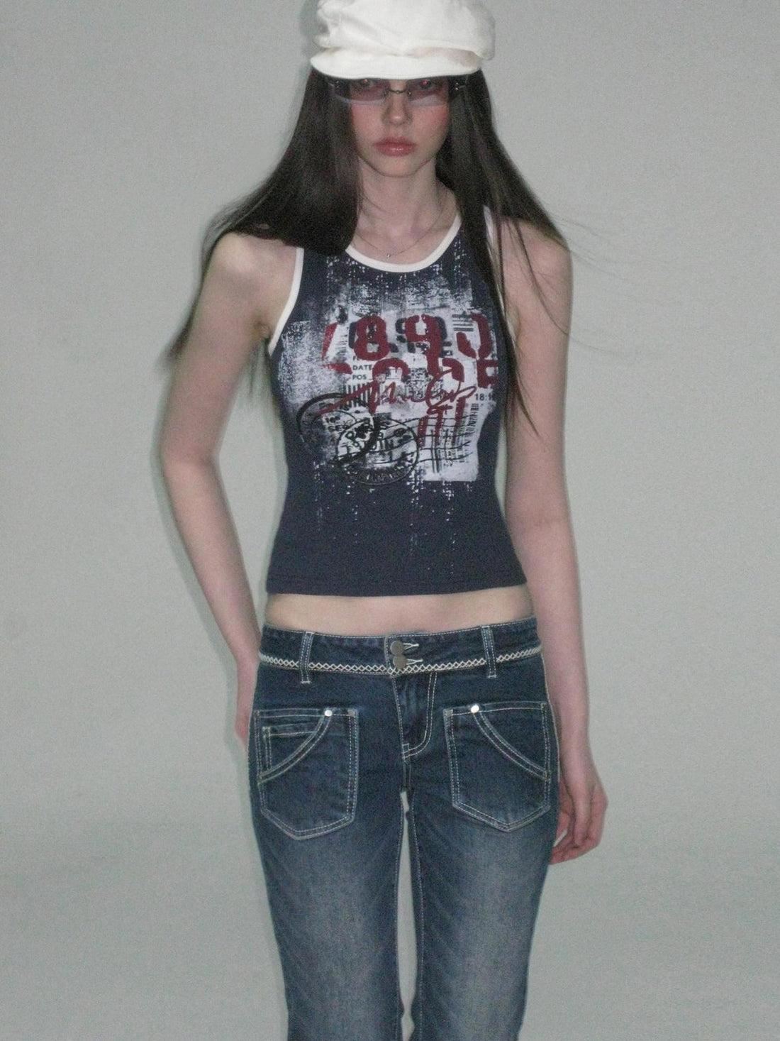 The NeverMore Soft Stretch Cotton Slim Fit Round Neck Printed Cropped Women Navy Camisoles